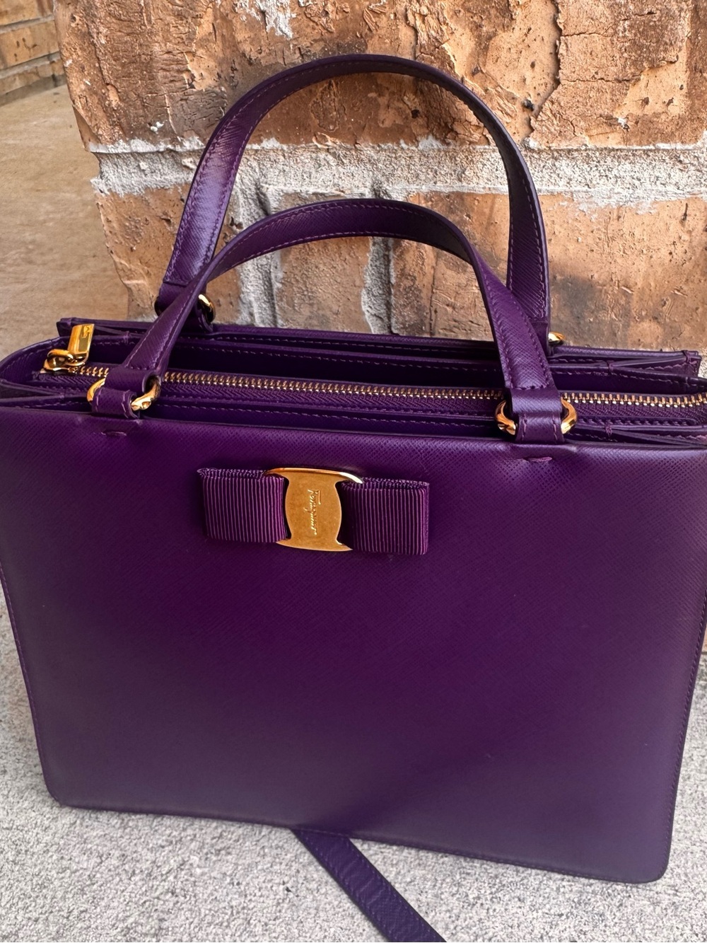 Salvatore Ferragamo Purple Saffiano Leather Vara Bow Satchel
